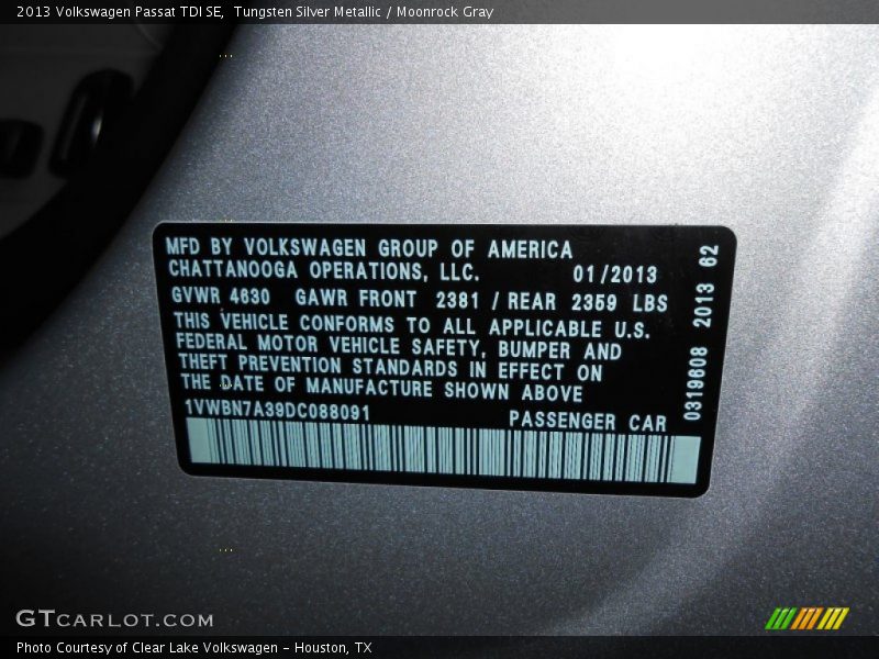 Info Tag of 2013 Passat TDI SE