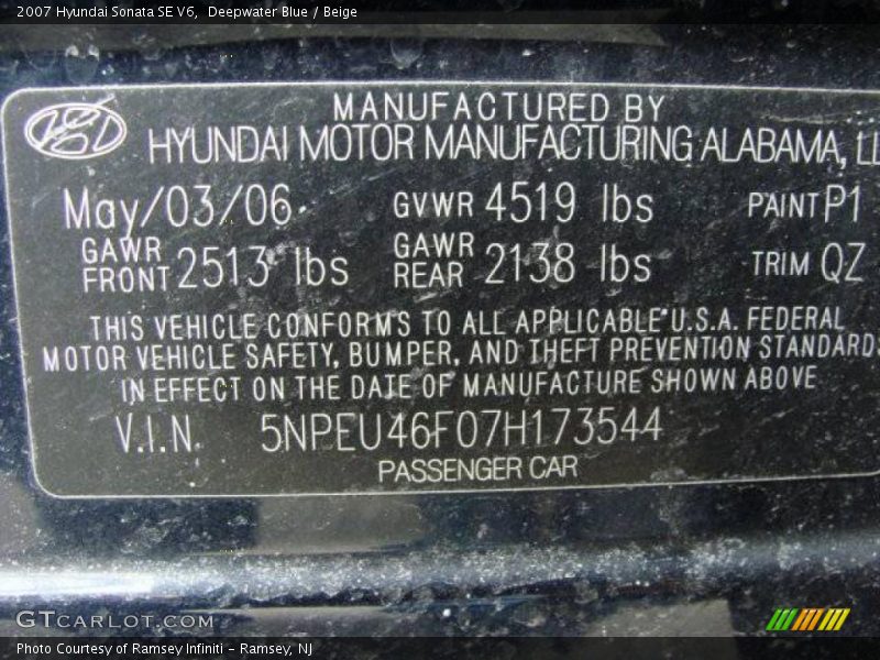 Deepwater Blue / Beige 2007 Hyundai Sonata SE V6