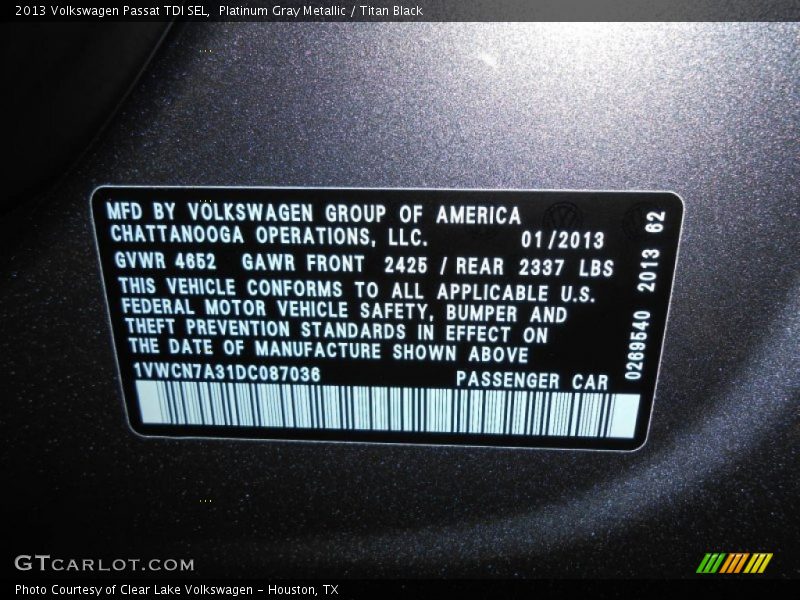 Platinum Gray Metallic / Titan Black 2013 Volkswagen Passat TDI SEL