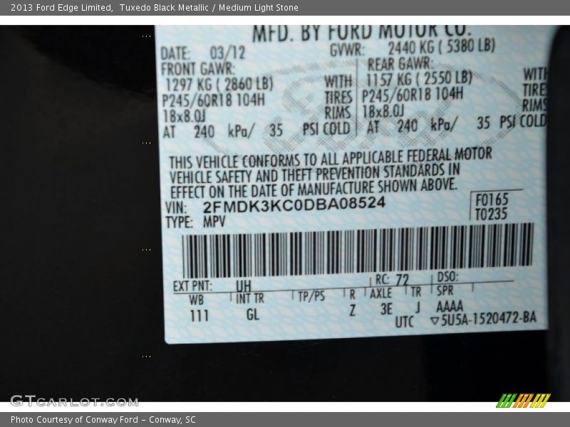 2013 Edge Limited Tuxedo Black Metallic Color Code UH