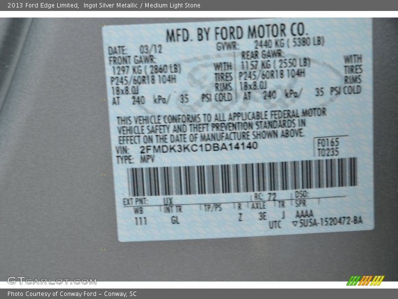 Ingot Silver Metallic / Medium Light Stone 2013 Ford Edge Limited