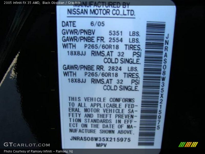 Black Obsidian / Graphite 2005 Infiniti FX 35 AWD