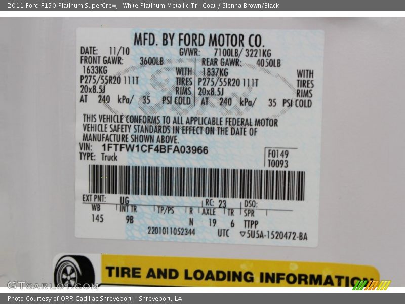 White Platinum Metallic Tri-Coat / Sienna Brown/Black 2011 Ford F150 Platinum SuperCrew
