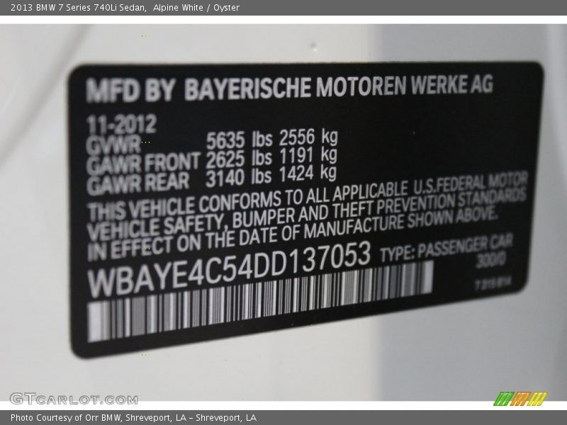 2013 7 Series 740Li Sedan Alpine White Color Code 300