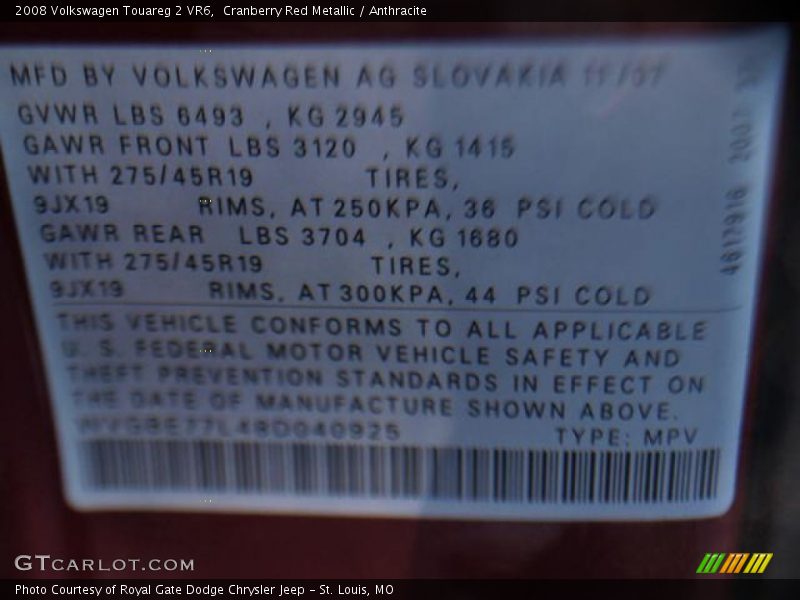 Cranberry Red Metallic / Anthracite 2008 Volkswagen Touareg 2 VR6