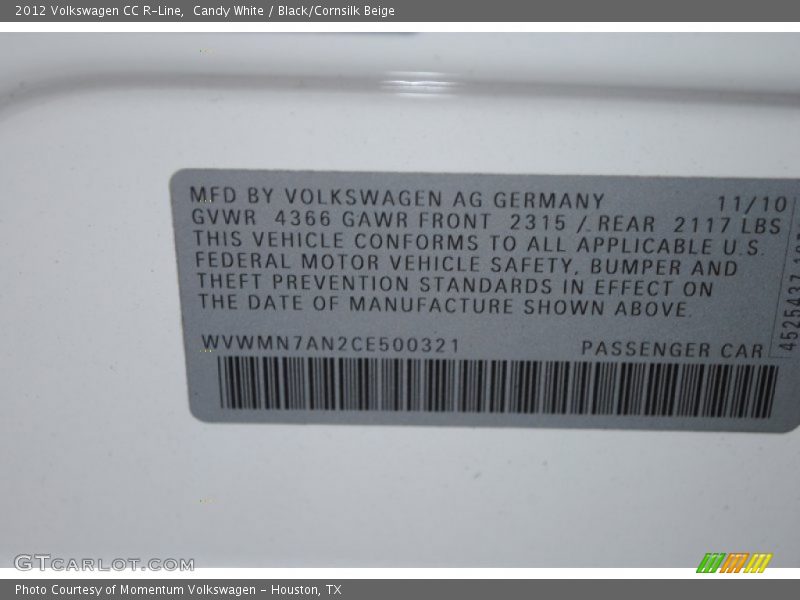 Candy White / Black/Cornsilk Beige 2012 Volkswagen CC R-Line