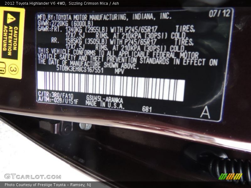 Sizzling Crimson Mica / Ash 2012 Toyota Highlander V6 4WD