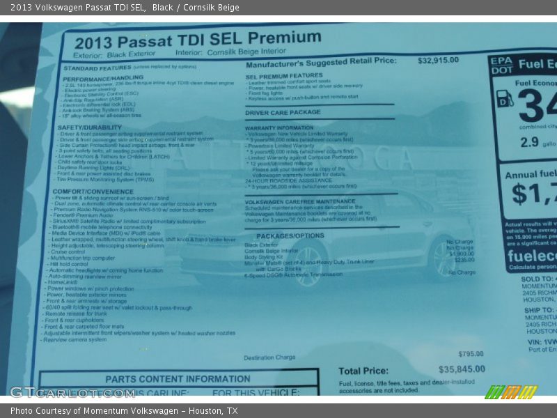 Black / Cornsilk Beige 2013 Volkswagen Passat TDI SEL