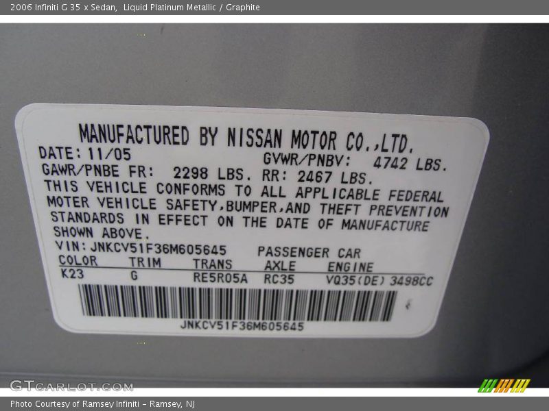 Liquid Platinum Metallic / Graphite 2006 Infiniti G 35 x Sedan