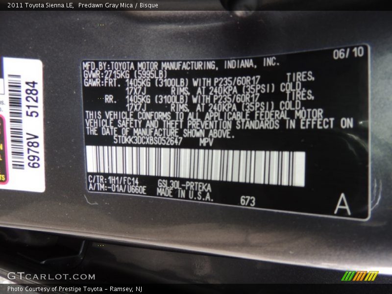 Predawn Gray Mica / Bisque 2011 Toyota Sienna LE