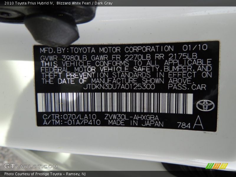 Blizzard White Pearl / Dark Gray 2010 Toyota Prius Hybrid IV