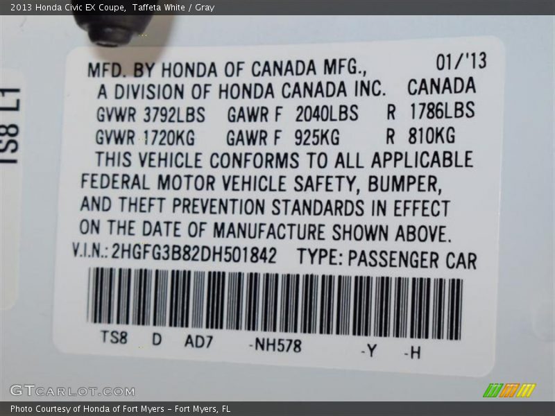 2013 Civic EX Coupe Taffeta White Color Code NH578