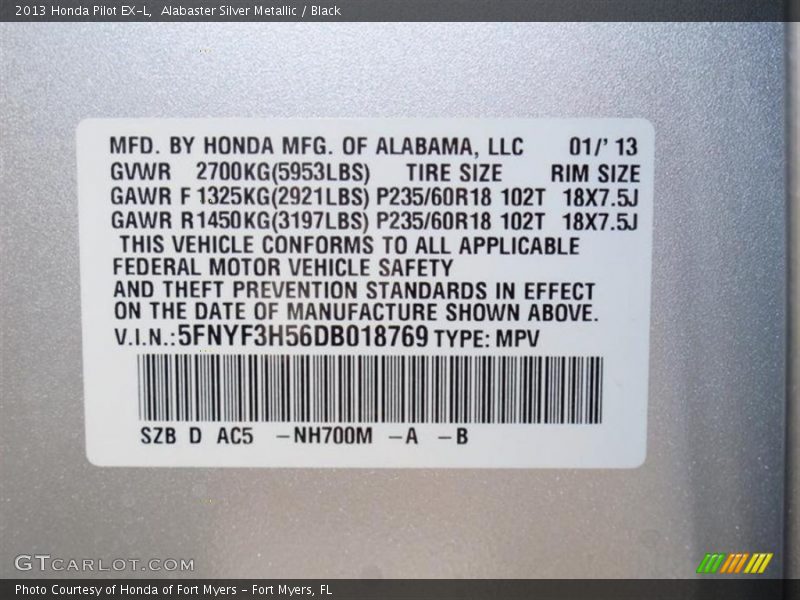 Alabaster Silver Metallic / Black 2013 Honda Pilot EX-L