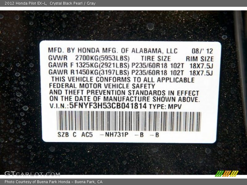 Crystal Black Pearl / Gray 2012 Honda Pilot EX-L