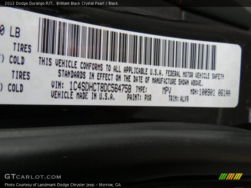 2013 Durango R/T Brilliant Black Crystal Pearl Color Code PXR