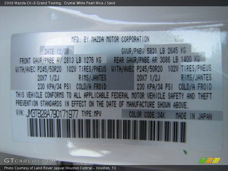 Crystal White Pearl Mica / Sand 2009 Mazda CX-9 Grand Touring