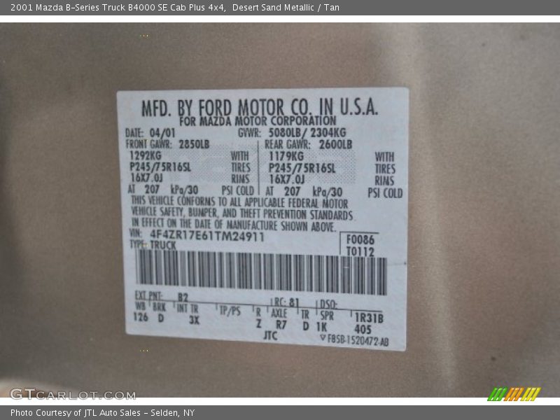 2001 B-Series Truck B4000 SE Cab Plus 4x4 Desert Sand Metallic Color Code B2