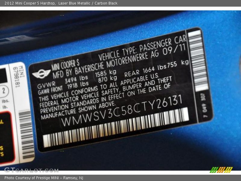 Laser Blue Metallic / Carbon Black 2012 Mini Cooper S Hardtop