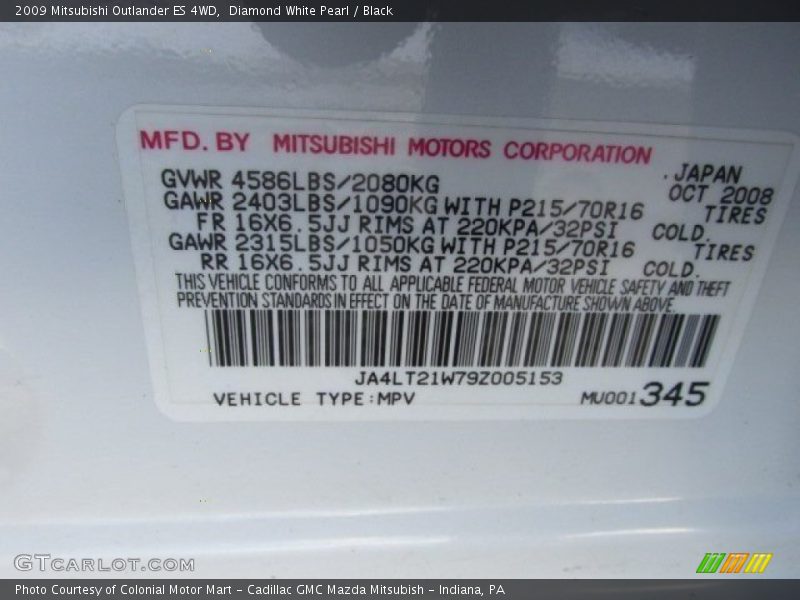 Diamond White Pearl / Black 2009 Mitsubishi Outlander ES 4WD