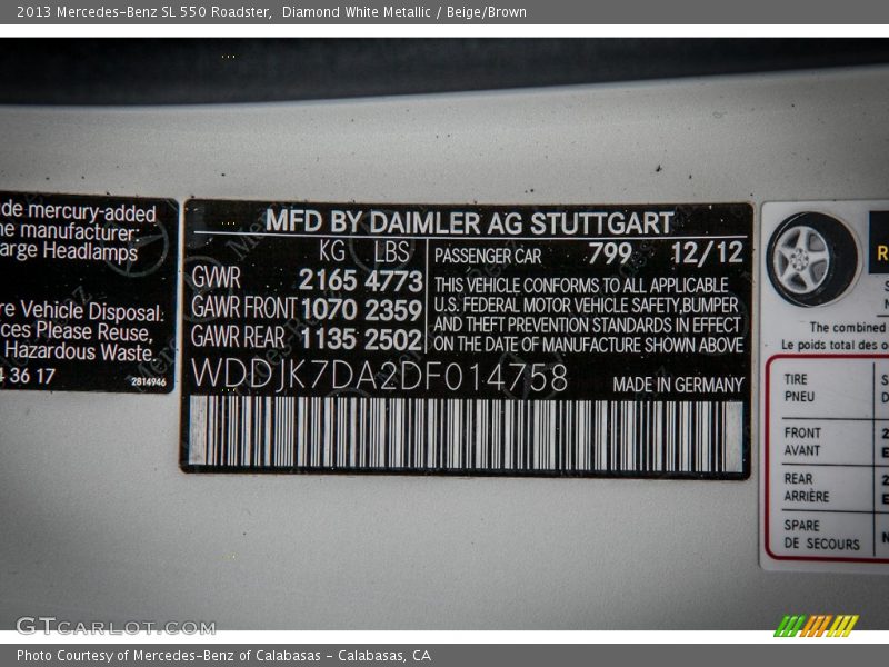 Diamond White Metallic / Beige/Brown 2013 Mercedes-Benz SL 550 Roadster
