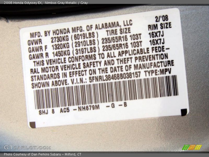 Nimbus Gray Metallic / Gray 2008 Honda Odyssey EX