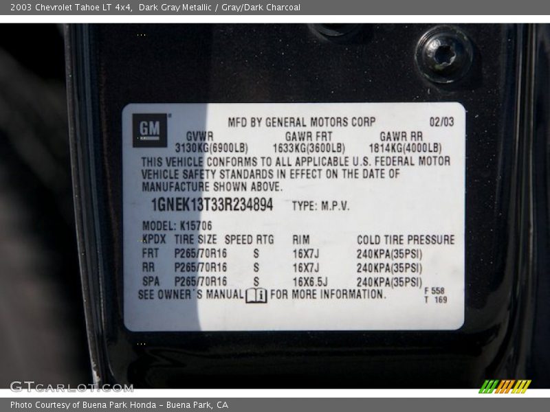 Dark Gray Metallic / Gray/Dark Charcoal 2003 Chevrolet Tahoe LT 4x4