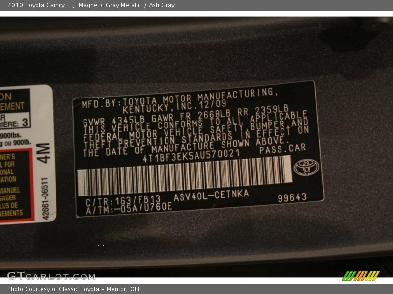 Magnetic Gray Metallic / Ash Gray 2010 Toyota Camry LE