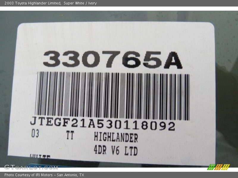 Super White / Ivory 2003 Toyota Highlander Limited