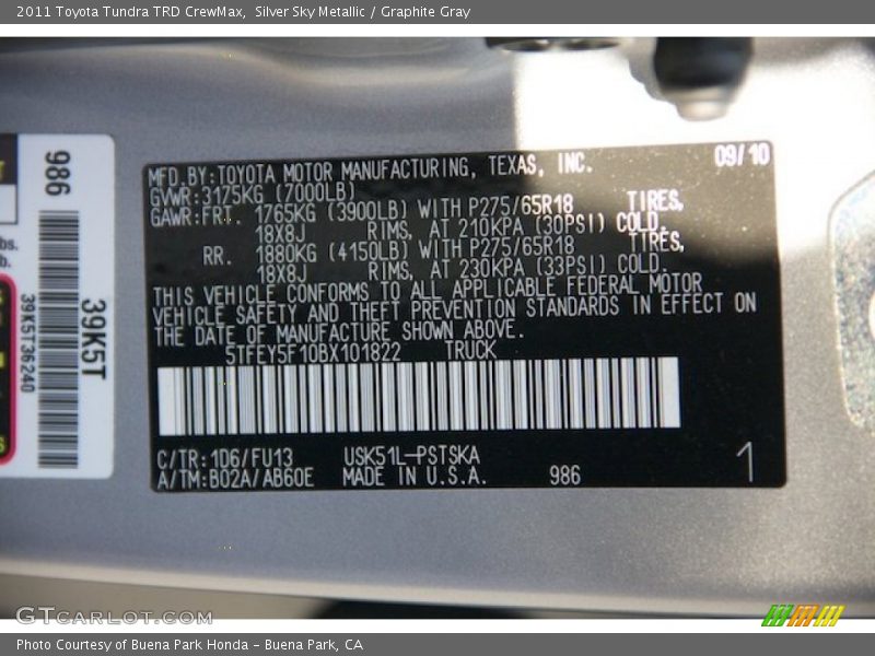 Silver Sky Metallic / Graphite Gray 2011 Toyota Tundra TRD CrewMax