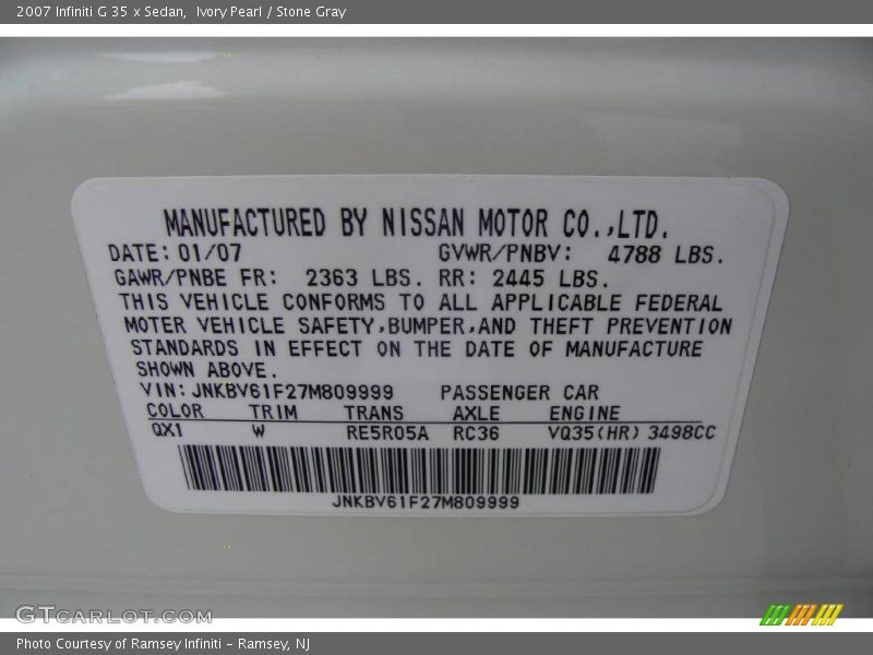Ivory Pearl / Stone Gray 2007 Infiniti G 35 x Sedan