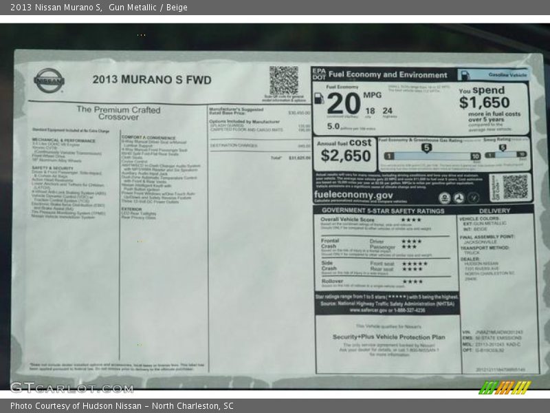  2013 Murano S Window Sticker