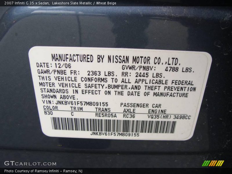 Lakeshore Slate Metallic / Wheat Beige 2007 Infiniti G 35 x Sedan