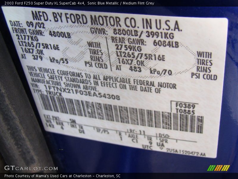 Sonic Blue Metallic / Medium Flint Grey 2003 Ford F250 Super Duty XL SuperCab 4x4