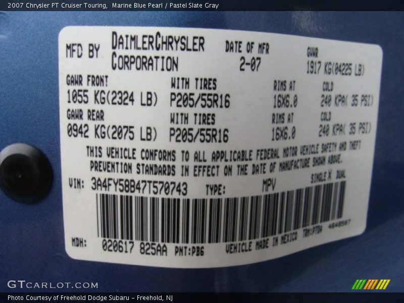2007 PT Cruiser Touring Marine Blue Pearl Color Code PB6