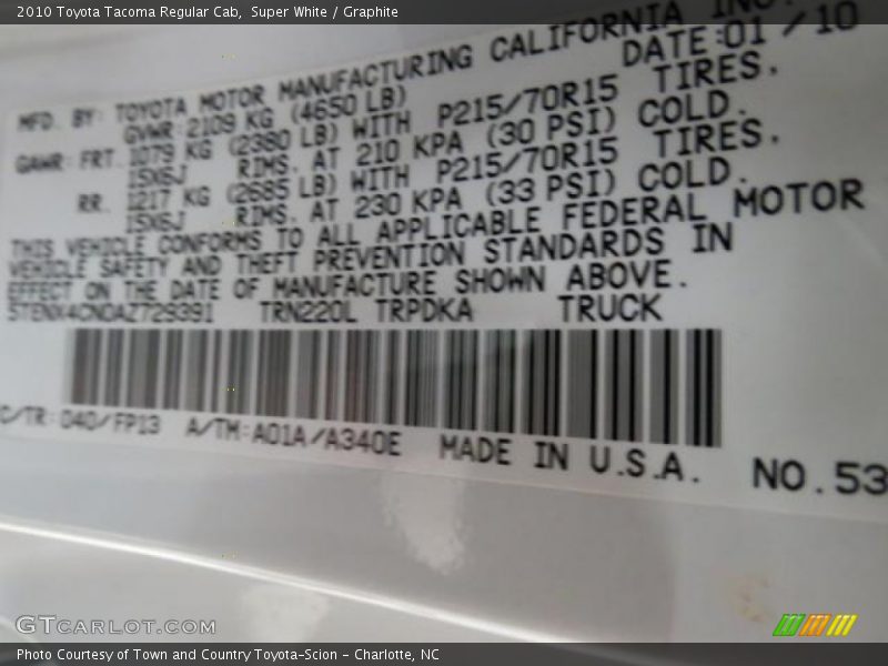 Super White / Graphite 2010 Toyota Tacoma Regular Cab