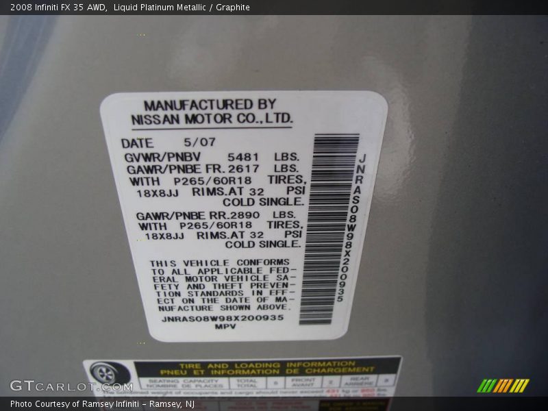 Liquid Platinum Metallic / Graphite 2008 Infiniti FX 35 AWD