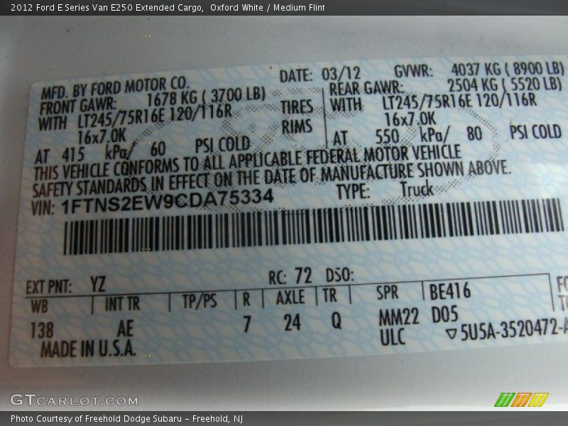 Oxford White / Medium Flint 2012 Ford E Series Van E250 Extended Cargo