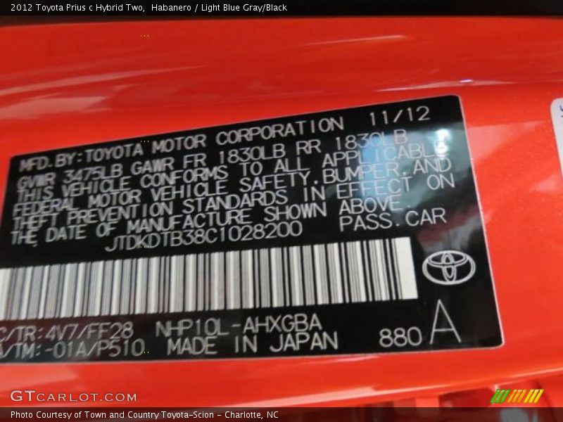 Habanero / Light Blue Gray/Black 2012 Toyota Prius c Hybrid Two