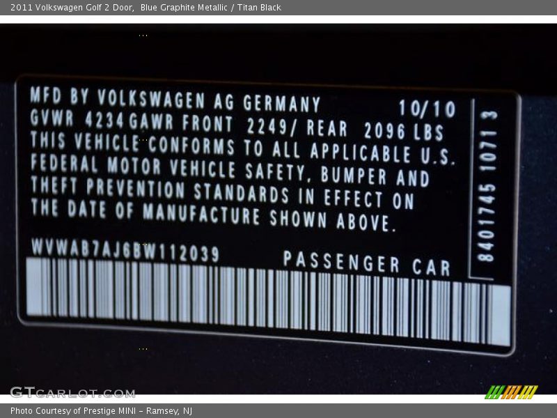 Blue Graphite Metallic / Titan Black 2011 Volkswagen Golf 2 Door