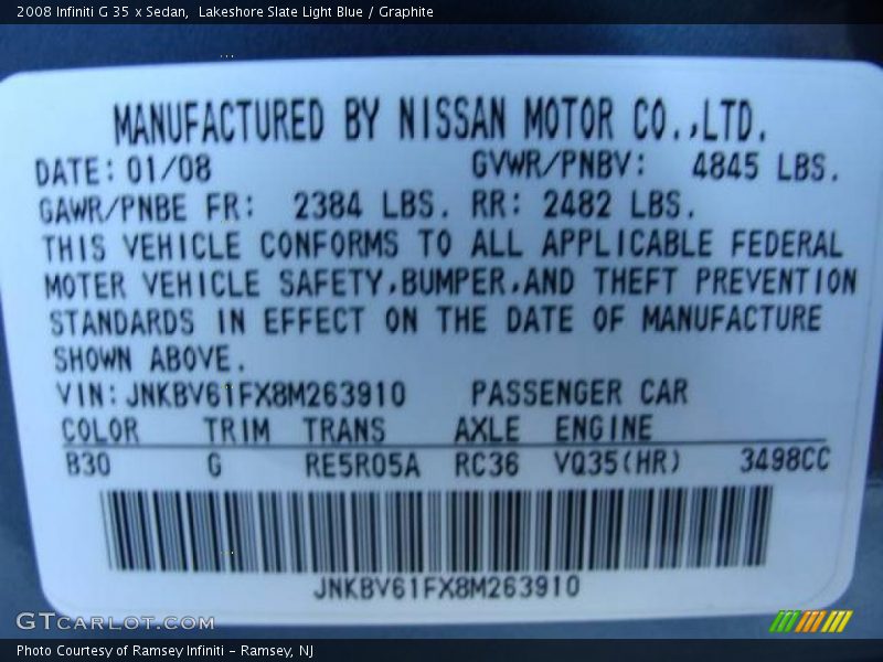 Lakeshore Slate Light Blue / Graphite 2008 Infiniti G 35 x Sedan