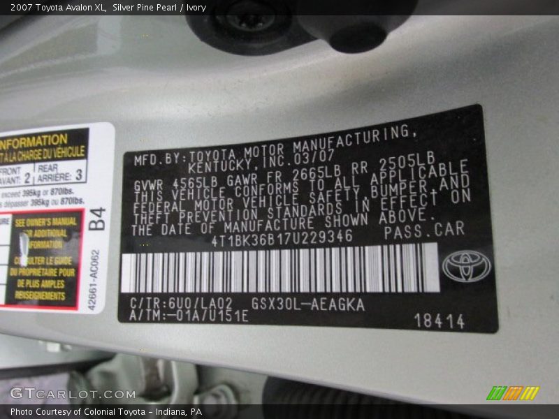 2007 Avalon XL Silver Pine Pearl Color Code 6U0
