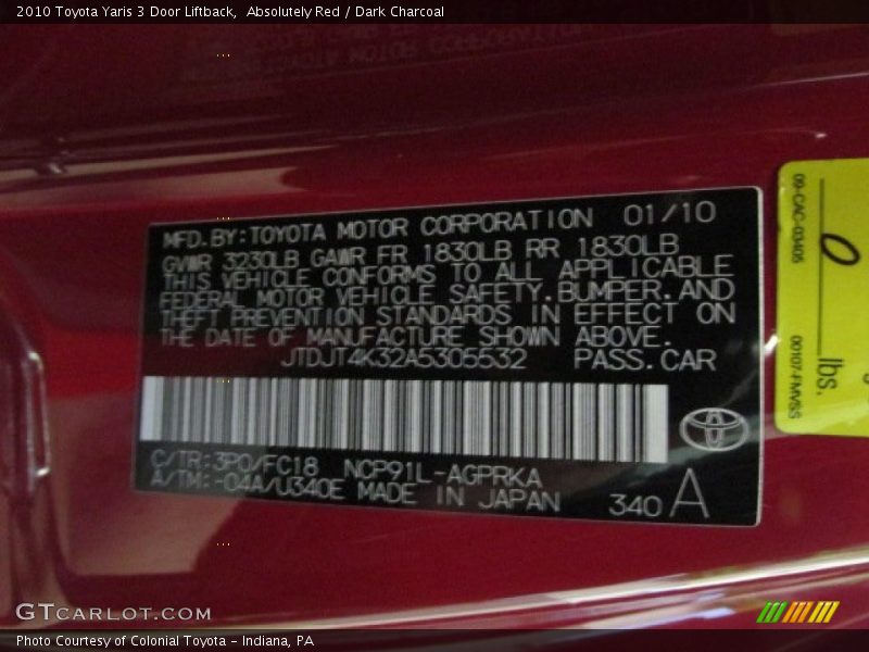 2010 Yaris 3 Door Liftback Absolutely Red Color Code 3P0