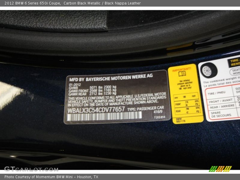 2012 6 Series 650i Coupe Carbon Black Metallic Color Code 416