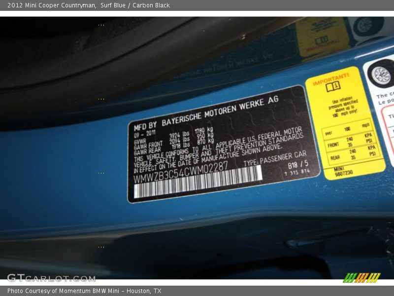 Surf Blue / Carbon Black 2012 Mini Cooper Countryman