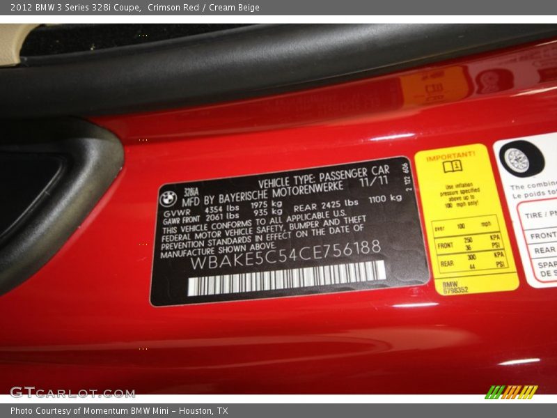 Crimson Red / Cream Beige 2012 BMW 3 Series 328i Coupe