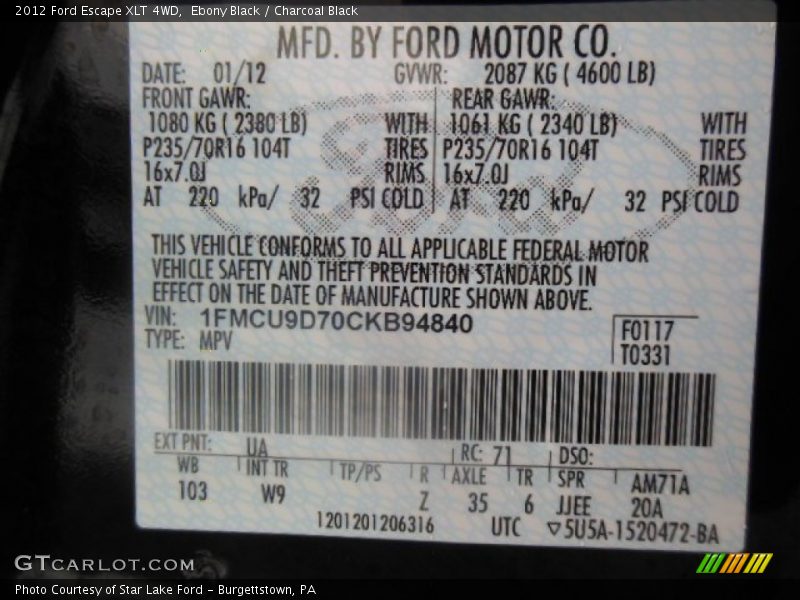 Ebony Black / Charcoal Black 2012 Ford Escape XLT 4WD