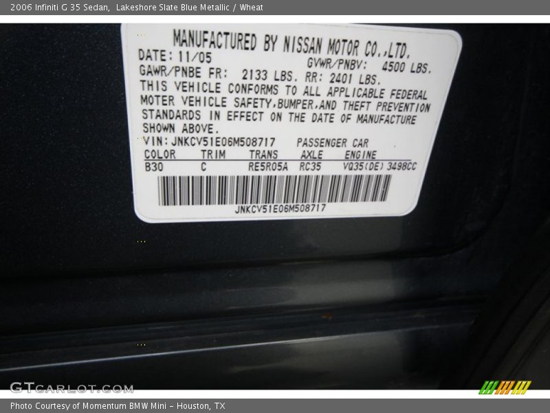 Lakeshore Slate Blue Metallic / Wheat 2006 Infiniti G 35 Sedan