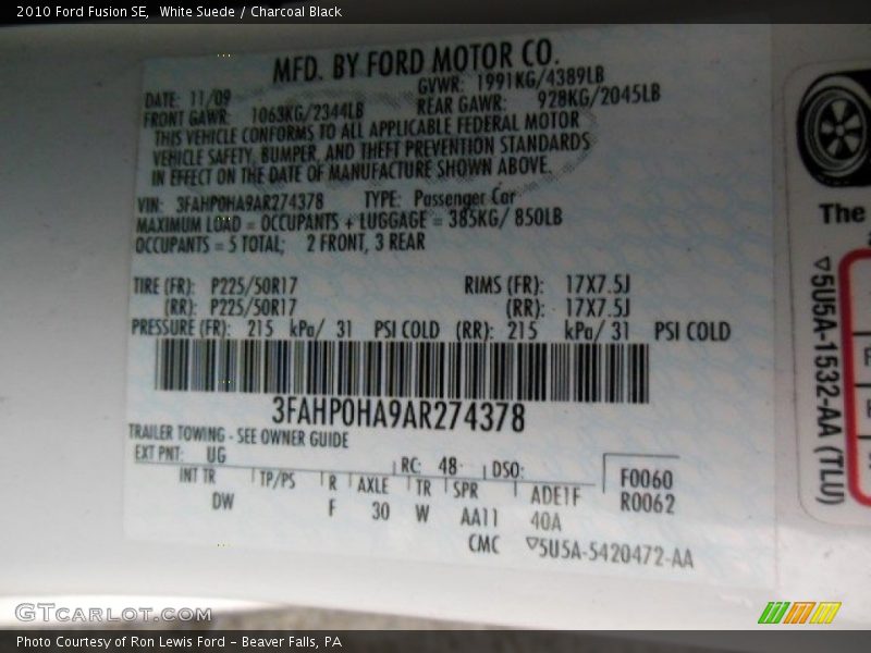 White Suede / Charcoal Black 2010 Ford Fusion SE