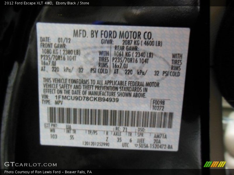 Ebony Black / Stone 2012 Ford Escape XLT 4WD