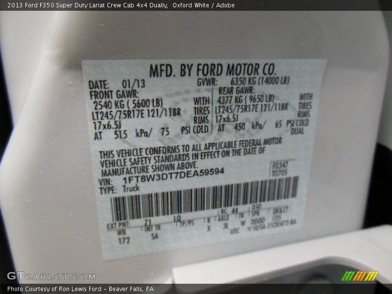 2013 F350 Super Duty Lariat Crew Cab 4x4 Dually Oxford White Color Code Z1